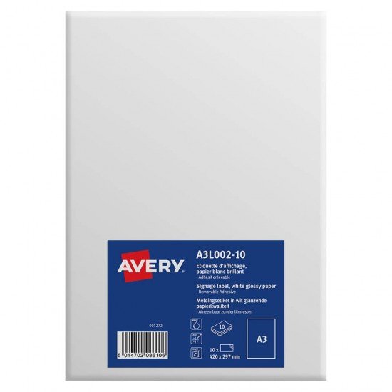 Etichette bianche rimovibili in carta patinata Avery A3 finitura lucida - 1 et/foglio - conf. 10 fogli - A3L002-10