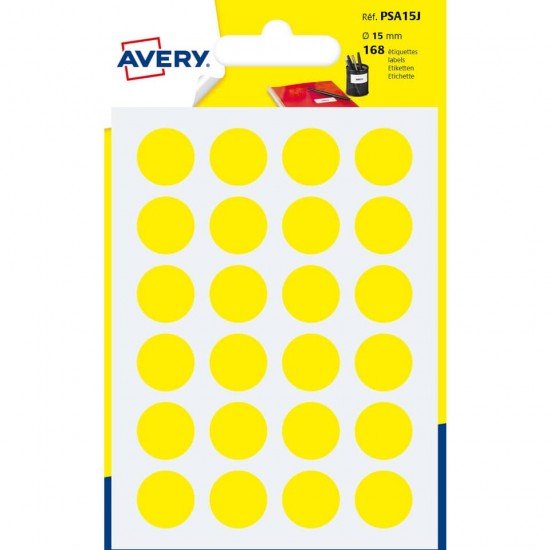 Etichette rotonde colorate AVERY giallo Ø 15 mm - 24 et/foglio - scrivibili a mano - bustina da 7 fogli - PSA15J