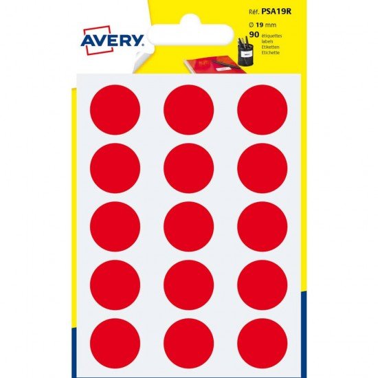 Etichette rotonde colorate AVERY rosso Ø 19 mm - 15 et/foglio - scrivibili a mano - bustina da 6 fogli - PSA19R
