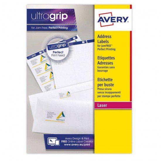 Etichette bianche per indirizzi AVERY Ultragrip™ 38,1x21,2 mm - 65 et/foglio - stampanti laser conf. 25 fogli L7651-25