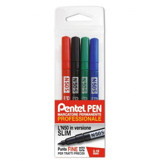 Marcatore permanente Pentel N50 Slim punta conica 3,18 mm assortiti 4 pezzi - 0022066