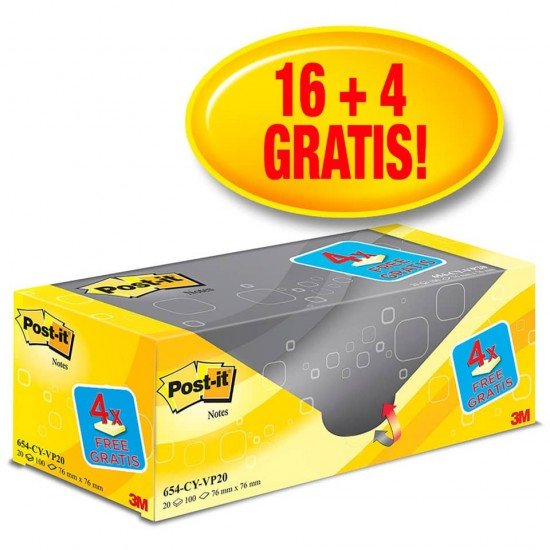 Foglietti riposizionabili Post-it® Notes giallo Canary™ 76x76 mm Value Pack 16+4 blocchetti GRATIS - 654-VP20