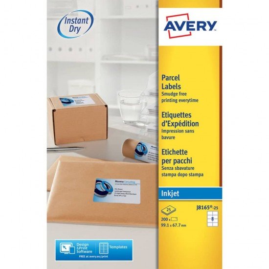 Etichette bianche per pacchi AVERY QuickDRY™ 99,1x67,7 mm - 8 et/foglio - stampanti inkjet - cf. 25 fogli J8165-25