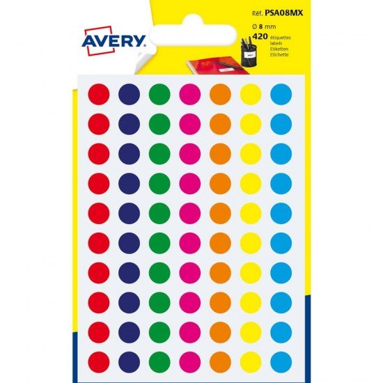 Etichette rotonde colorate AVERY colori assortiti Ø 8 mm - 70 et/foglio - scrivibili a mano Conf.  6 fogli PSA08MX