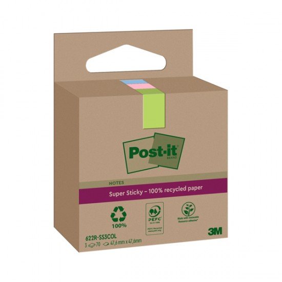 Cf. 3pz blocco 70fg Post-it SuperSticky Green 47,6x47x6mm 622R-SS3COL pastello