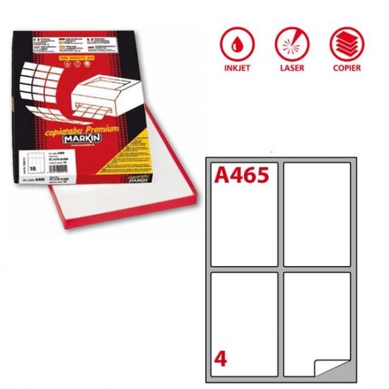 Etichette adesive A465 - permanenti - 139 x 99,1 mm - 4 et/fg - 100 fogli A4 - bianco - Markin