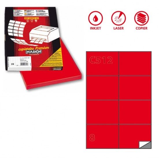 Etichette adesive C512 - permanenti - 105 x 74,25 mm - 8 et/fg - 100 fogli A4  - rosso - Markin