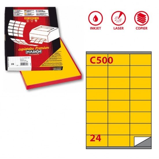 Etichette adesive C500 - permanenti - 70 x 36 mm - 24 et/fg -  100 fogli A4 - 100 fogli A4 - giallo - Markin