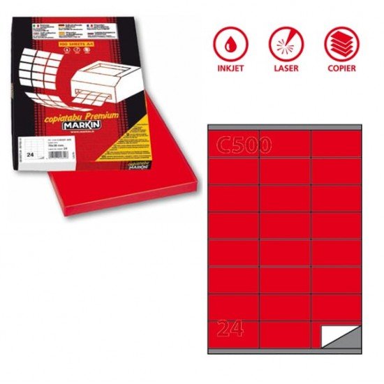 Etichette adesive C500 - permanenti - 70 x 36 mm - 24 et/fg - 100 fogli A4 - rosso - Markin