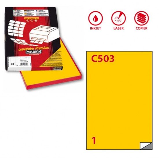 Etichette adesive C503 - permanenti - 210 x 297 mm - 1 et/fg - 100 fogli A4 - giallo - Markin