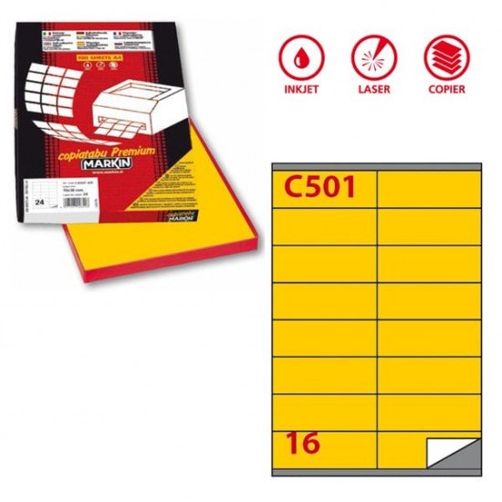 Etichette adesive C501 - permanenti - 105 x 36 mm - 16 et/fg - 100 fogli A4 - giallo - Markin