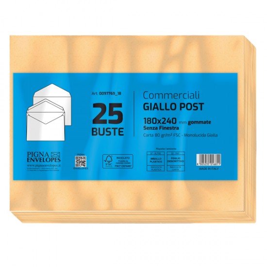 Busta Giallo Postale - gommata - 18 x 24 cm - 80 gr - carta riciclata FSC  - giallo - Pigna - conf. 25 pezzi