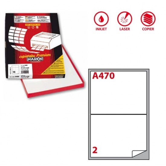 Etichette adesive A470 - permanenti - 199,6 x 143,5 mm - 2 et/fg - 100 fogli A4 - bianco - Markin
