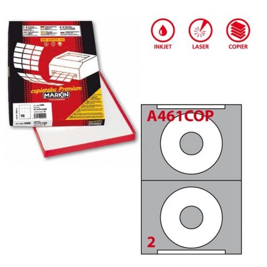 Etichette adesive per CD A461 - permanenti - diametro CD 114,5 mm - foro 41 mm - 2 et/fg - 100 fogli A4 - bianco coprente - Markin