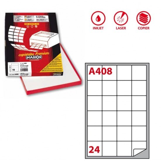 Etichette adesive A408 - permanenti - 47,5 x 46,5 mm - 24 et/fg - 100 fogli A4 - bianco - Markin