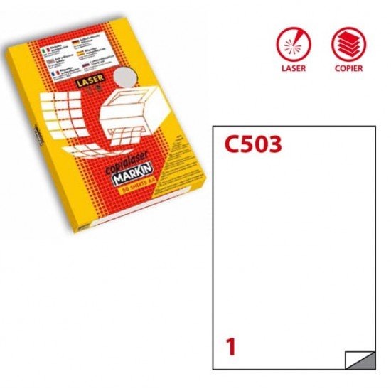 Etichette adesive C503 - permanenti - per stampanti laser - 210 x 297 mm - 1 et/fg - 50 fogli A4 - poliestere - trasparente opaco - Markin