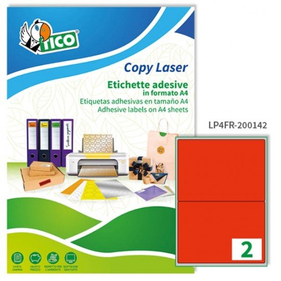 Etichette adesive LP4F - permanenti - 200 x 142 mm - 2 et/fg - 70 fogli A4 - rosso fluo - Tico