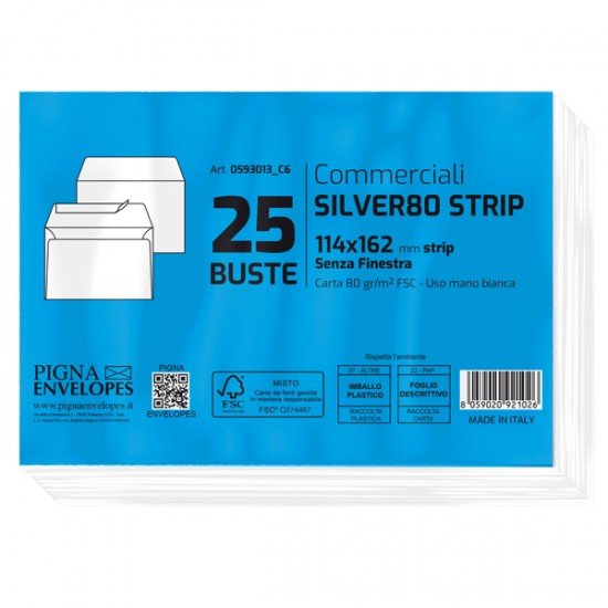 Busta Silver80 Strip FSC  - internografata - senza finestra - 11,4 x 16,2 cm - 80 gr - bianco - Pigna - conf. 25 pezzi