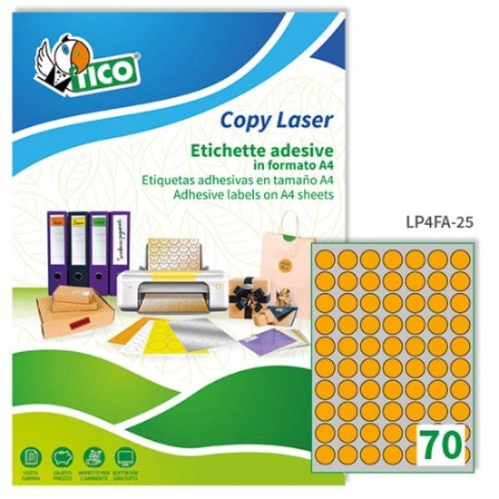 Etichette adesive LP4F - permanenti - diametro 25 mm - 70 et/fg - 70 fogli A4 - arancio fluo - Tico
