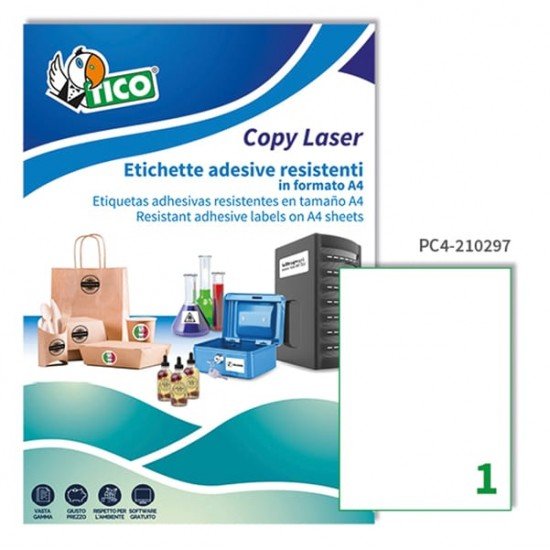 Etichette adesive PC4 - permanenti - per stampanti laser - 210 x 297 mm - 1 et/fg - 100 fogli A4 - poliestere - trasparente - Tico