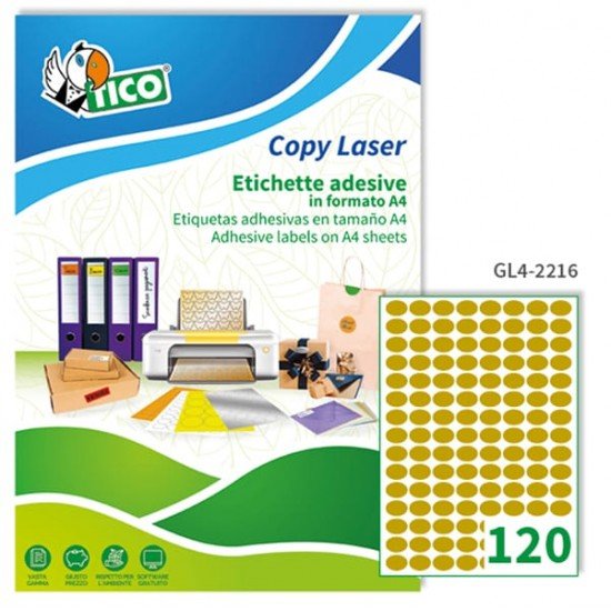 Etichette adesive GL4 - permanenti - ovale - 22 x 16 mm - 120 et/fg - 100 fogli A4 - satinata oro - Tico