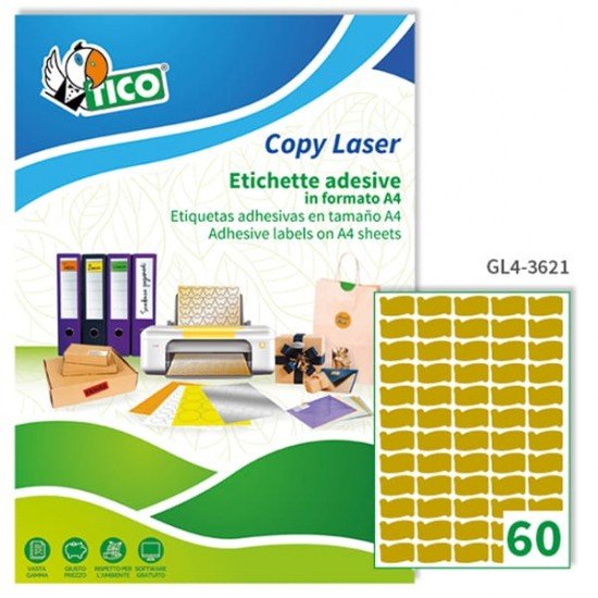 Etichette adesive GL4 - permanenti - sagomata - 36 x 21 mm - 60 et/fg - 100 fogli A4 - satinata oro - Tico
