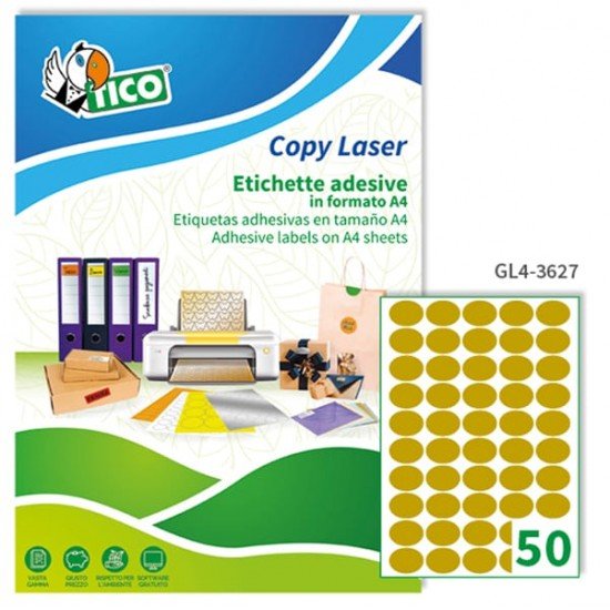 Etichette adesive GL4 - permanenti - ovale - 36 x 27 mm - 50 et/fg - 100 fogli A4 - satinata oro - Tico