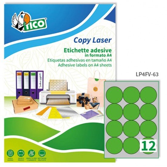 Etichette adesive LP4F - permanenti - diametro 63,5 mm - 12 et/fg - 70 fogli A4 - verde fluo - Tico