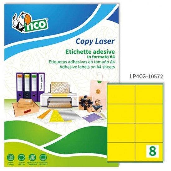 Etichette adesive LP4C - permanenti - 105 x 72 mm - 8 et/fg - giallo opaco - Tico - conf. 70 fogli A4