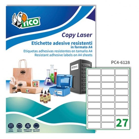 Etichette adesive PC4 - permanenti - per stampanti laser - 61 x 286 mm - 27 et/fg - 100 fogli A4 - poliestere - trasparente - Tico