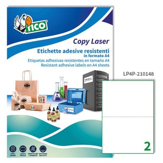 Etichette adesive LP4P - permanenti - per stampanti laser - 210 x 148 mm - 2 et/fg - 70 fogli A4 - poliestere - bianco - Tico