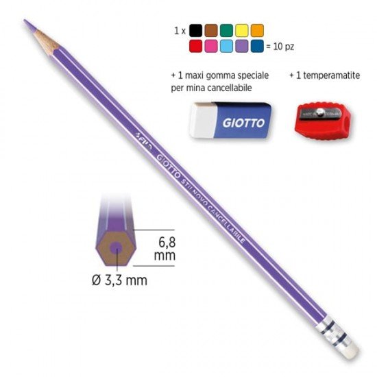 Pastelli colorati Stilnovo - diametro mina 3,3 mm - cancellabile con gomma - colori assortiti - Giotto - astuccio 10 pezzi