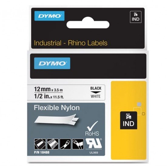 Nastro Rhino 1734524 - 24 mm x 3,5 mt - nylon flessibile - nero/bianco - Dymo