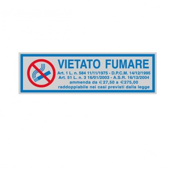 Targhetta adesiva - VIETATO FUMARE (con normativa) - 16,5 x 5 cm - Cartelli Segnalatori