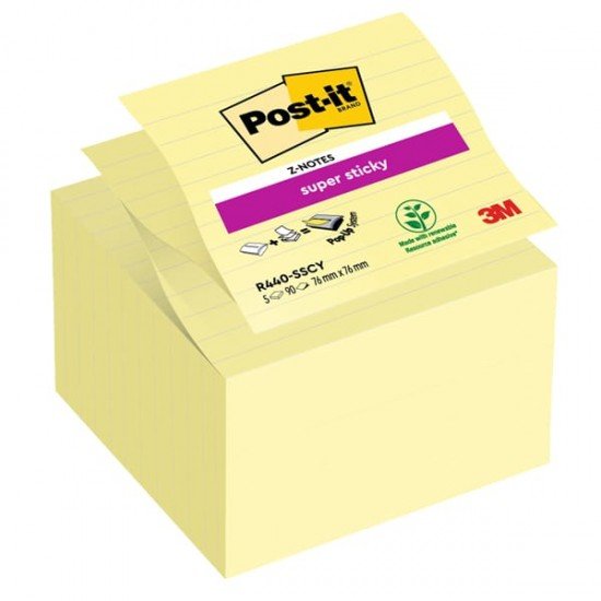 Ricarica foglietti Post it  Super Sticky - R440-SSCY - a righe - 101 x 101 mm - giallo Canary - 90 fogli - Post it