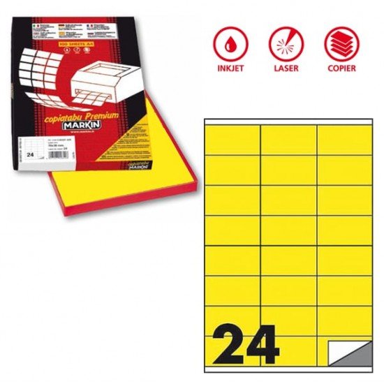 Etichette adesive C500 - permanenti - 70 x 36 mm - 24 et/fg - 100 fogli A4 - giallo fluo - Markin