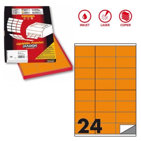 Etichette adesive C500 - permanenti - 70 x 36 mm - 24 et/fg - 100 fogli A4 - arancio fluo - Markin