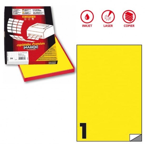Etichette adesive C503 - permanenti - 210 x 297 mm - 1 et/fg - 100 fogli A4 - giallo fluo - Markin
