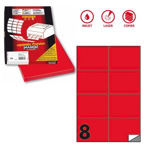 Etichette adesive C512 - permanenti - 105 x 74,25 mm - 8 et/fg - 100 fogli A4 - rosso fluo - Markin