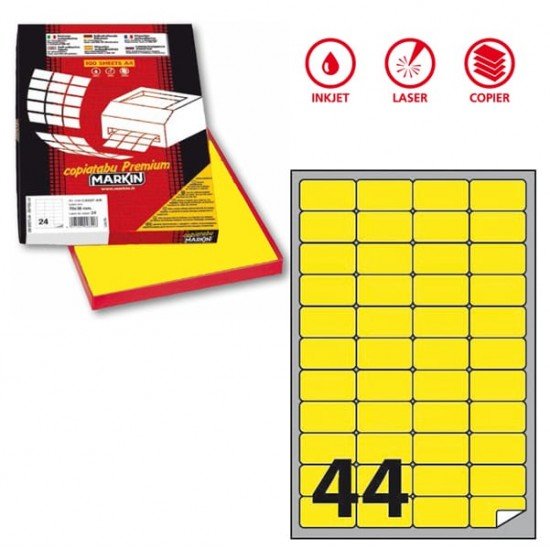 Etichette adesive A406 - permanenti - 47,5 x 25,5 mm - 44 et/fg - 100 fogli A4 - giallo fluo - Markin