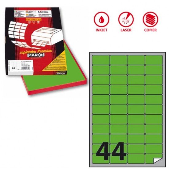 Etichette adesive A406 - permanenti - 47,5 x 25,5 mm - 44 et/fg - 100 fogli A4 - verde fluo - Markin