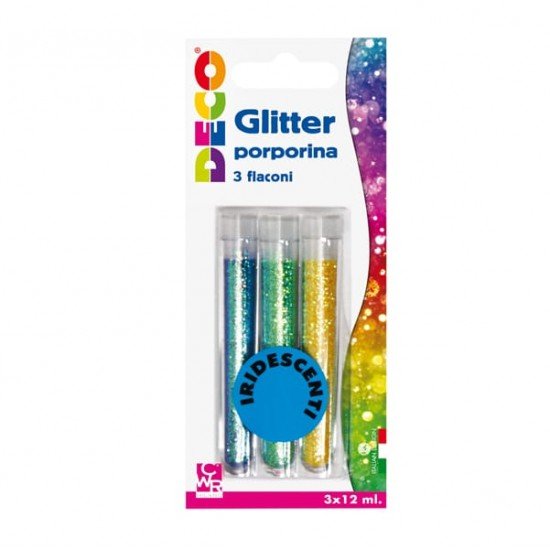 Glitter grana fine - 12 ml - colori assortiti iridescenti - Deco - blister 3 flaconi