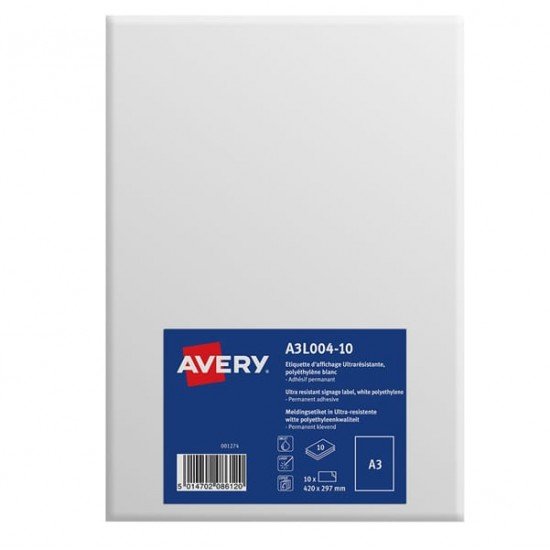 Etichette adesive - permanenti - 420 x 297 mm - 1 et/fg - 10 fogli A3 - polietilene - bianco opaco - Avery