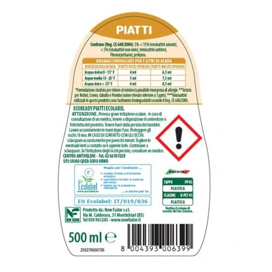 Detersivo piatti - concentrato - ipoallergenico - limone - 0,50 lt - Eco Ready