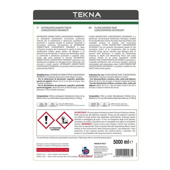 Disinfettante detergente - per pavimenti - concentrato - 5 lt - Tekna