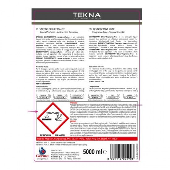 Sapone disinfettante - senza profumo - 5 lt -Tekna