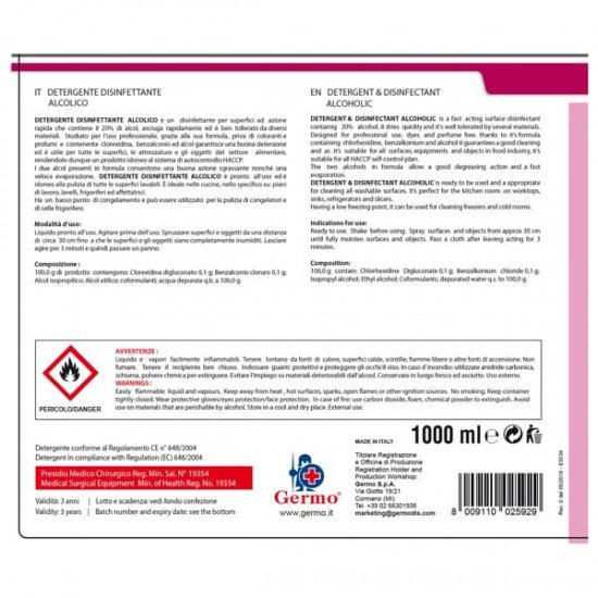 Disinfettante detergente alcolico - senza profumo - 1 lt - Tekna