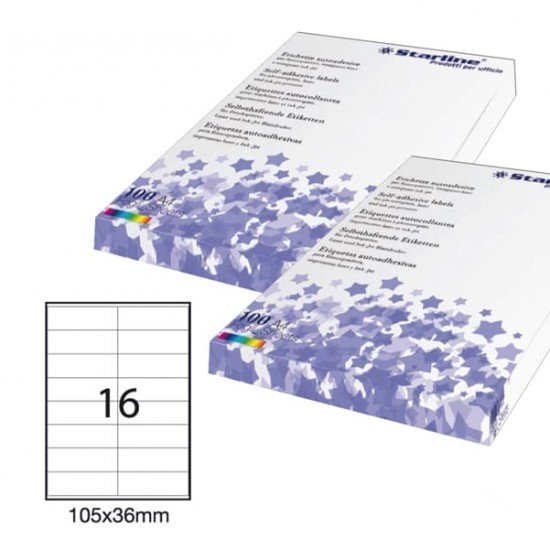 Etichette adesive - permanenti - 105 x 36 mm - 16 et/fg - 100 fogli A4 - bianco - Starline