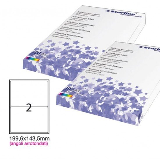 Etichette adesive - permanenti - angoli arrotondati - 199,6 x 143,5 mm - 2 et/fg - 100 fogli A4 - bianco - Starline
